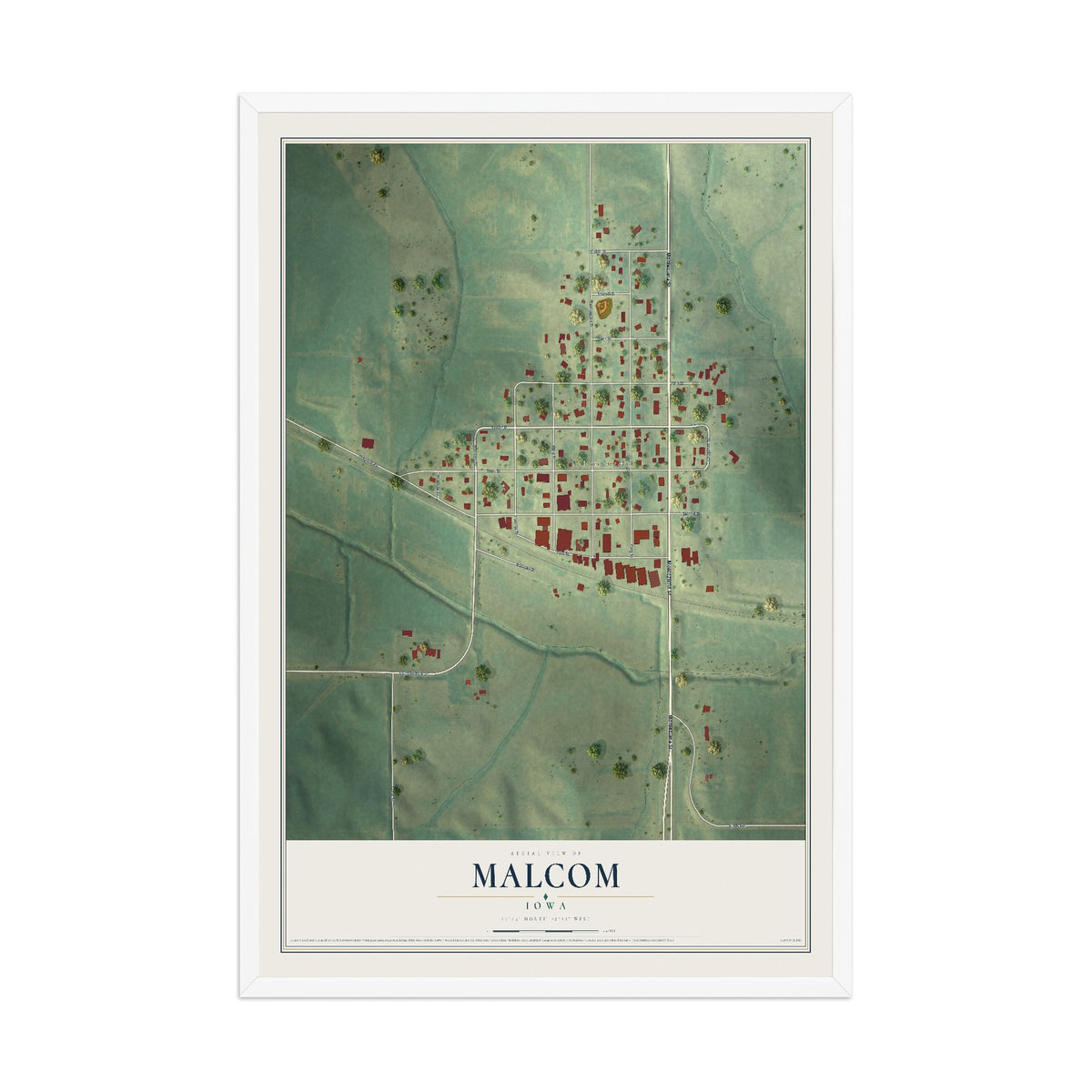 Map of Malcom, Iowa, 12 x 18 inch print in a white wood frame