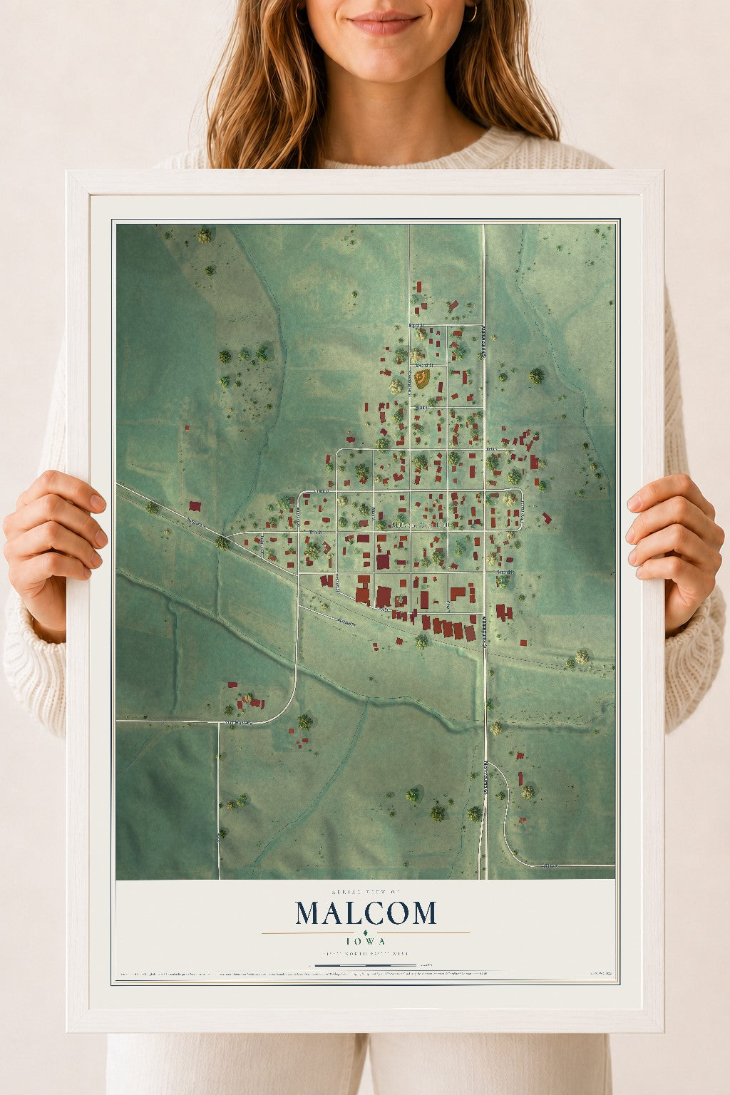 Map of Malcom, Iowa, 18 x 24 inch print in a white wood frame