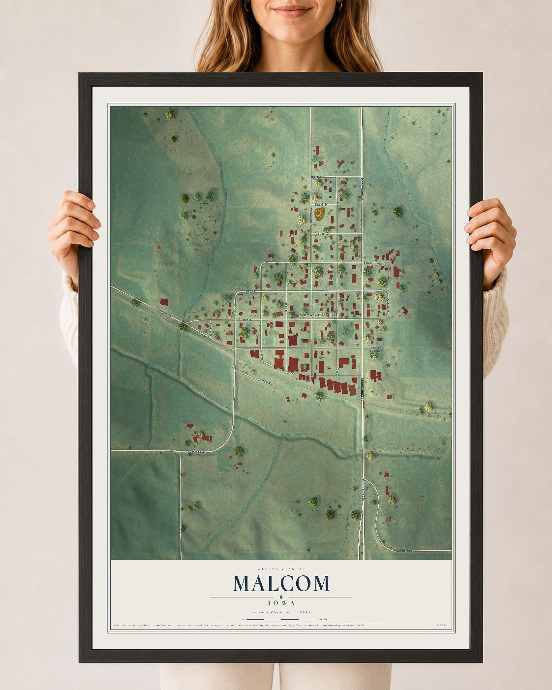 Map of Malcom, Iowa, 24 x 36 inch print in a black wood frame