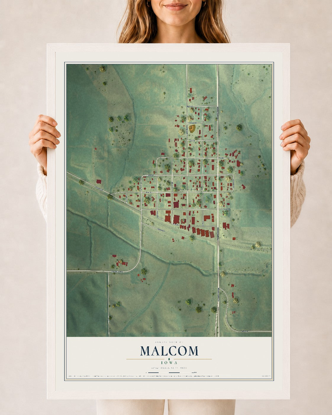 Map of Malcom, Iowa, 24 x 36 inch print in a white wood frame