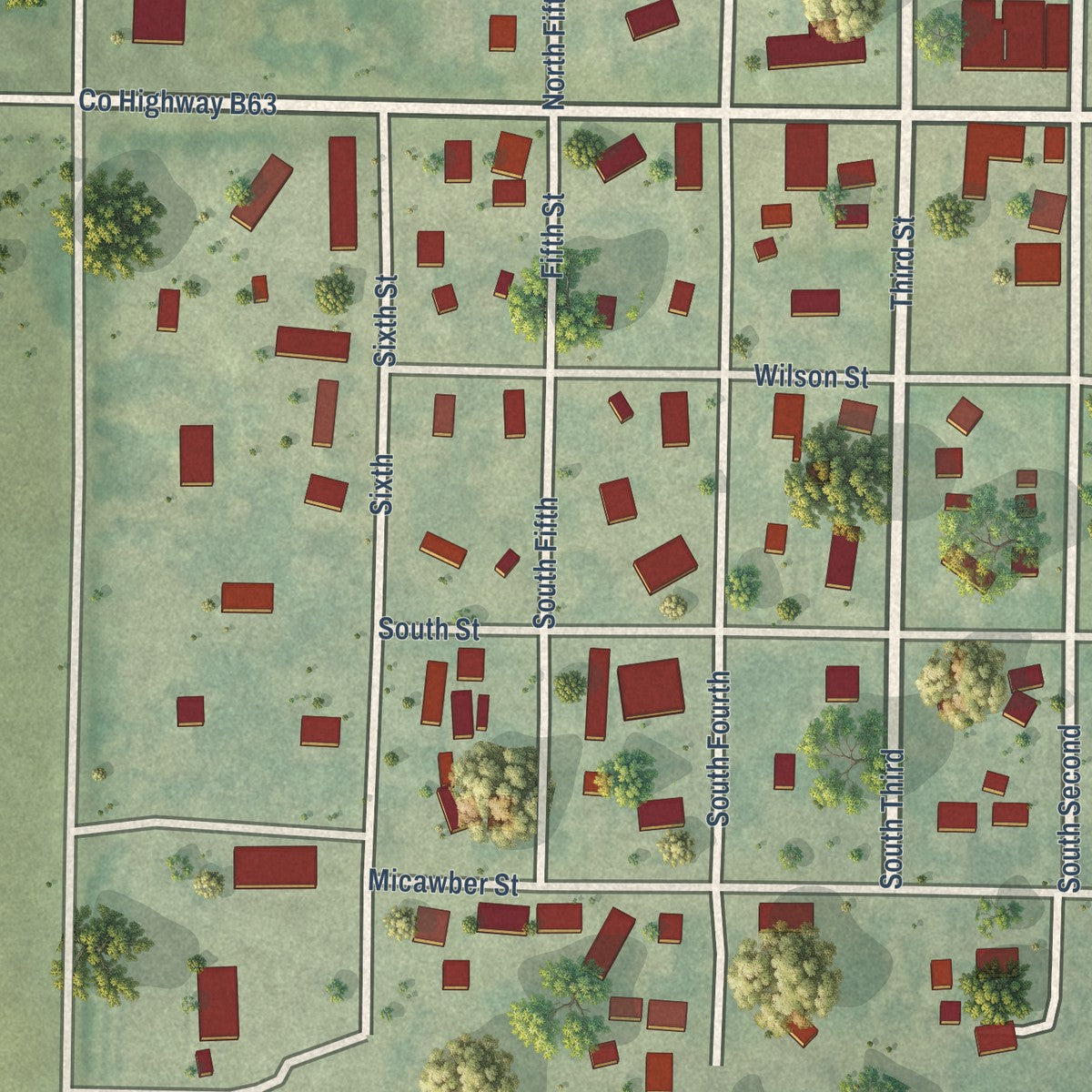 Close-up of the map of Mallard, Iowa print showing street and building detail