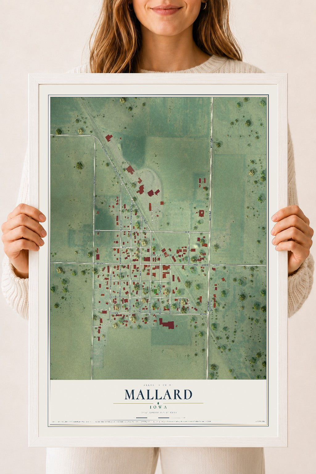 Map of Mallard, Iowa, 18 x 24 inch print in a white wood frame