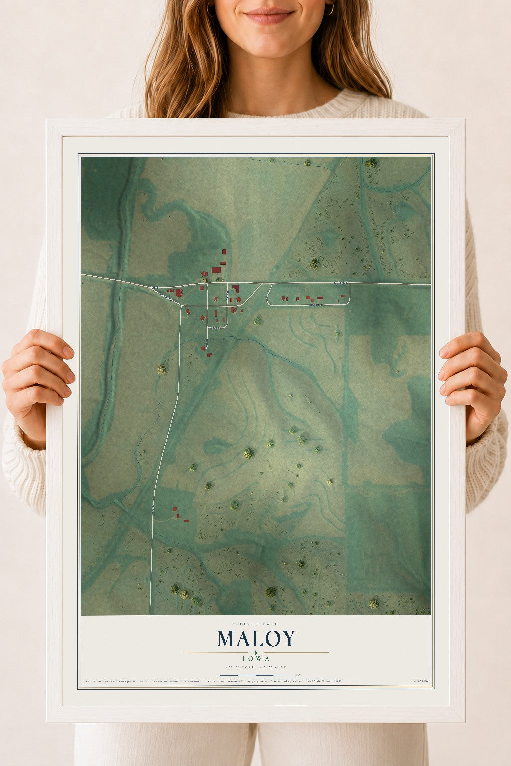 Map of Maloy, Iowa, 18 x 24 inch print in a white wood frame
