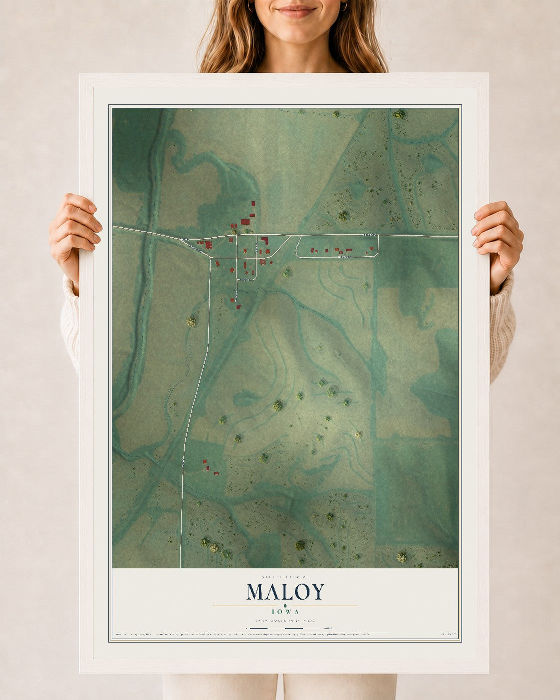 Map of Maloy, Iowa, 24 x 36 inch print in a white wood frame