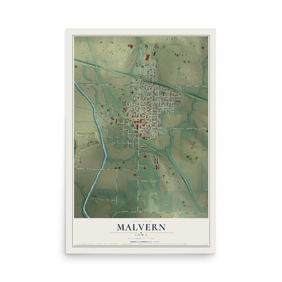 Map of Malvern, Iowa, 12 x 18 inch unframed archival matte print