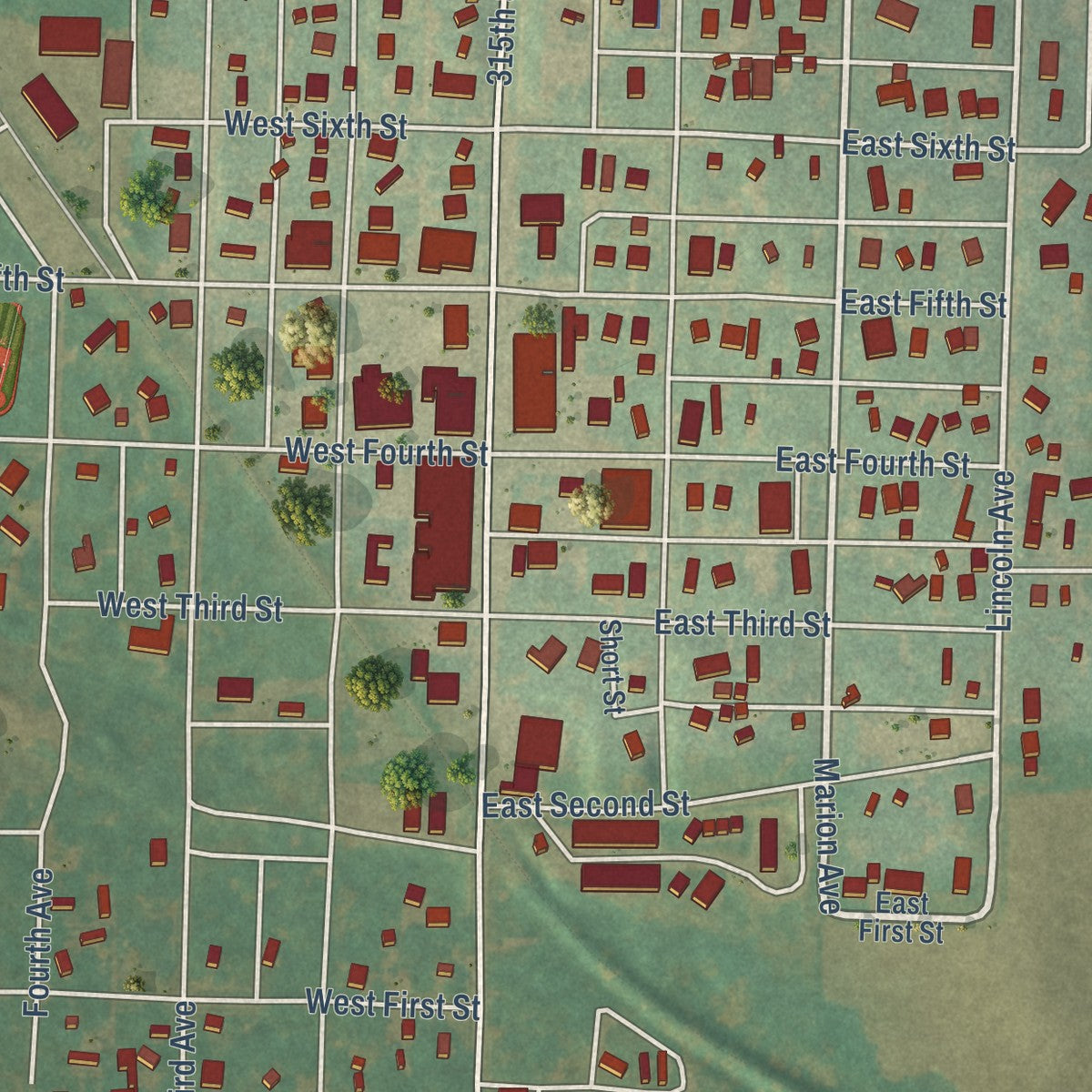 Close-up of the map of Malvern, Iowa print showing street and building detail