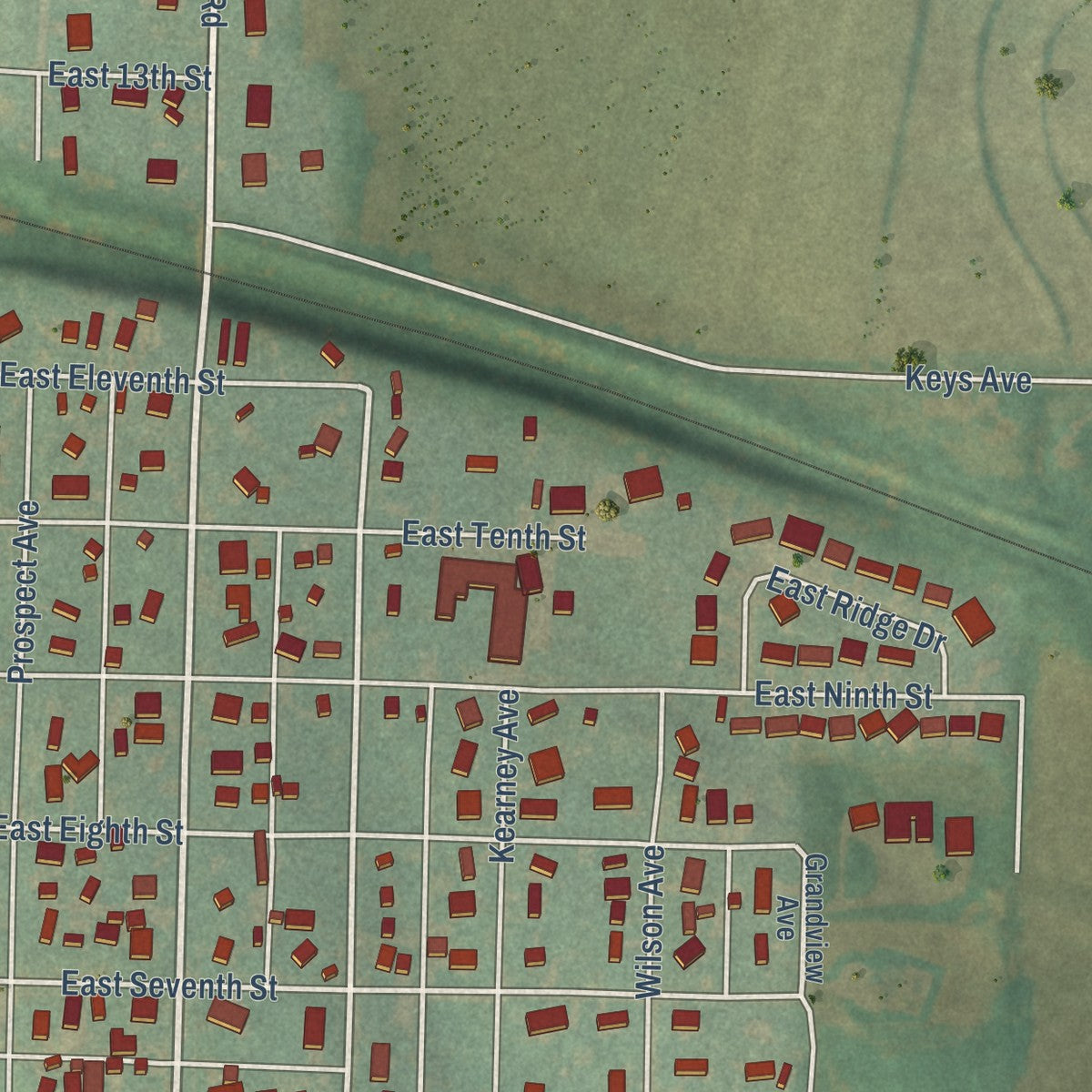 Second close-up of the map of Malvern, Iowa print showing more streets and buildings