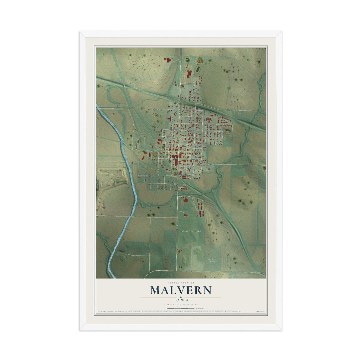 Map of Malvern, Iowa, 12 x 18 inch print in a white wood frame