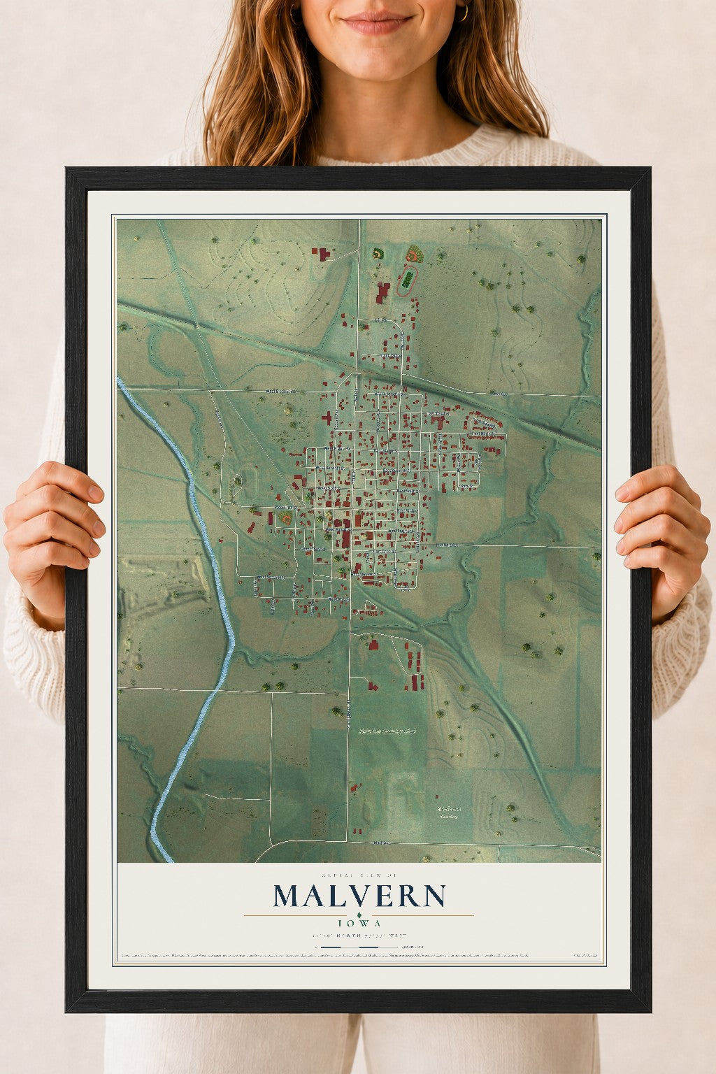 Map of Malvern, Iowa, 18 x 24 inch print in a black wood frame