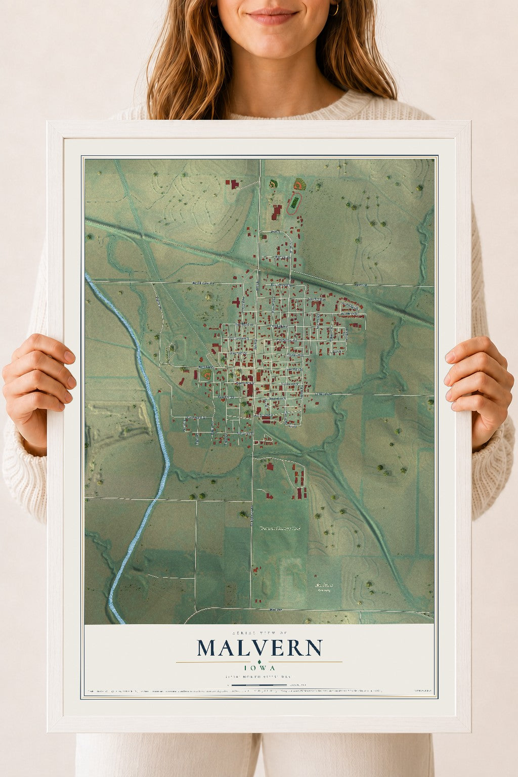 Map of Malvern, Iowa, 18 x 24 inch print in a white wood frame