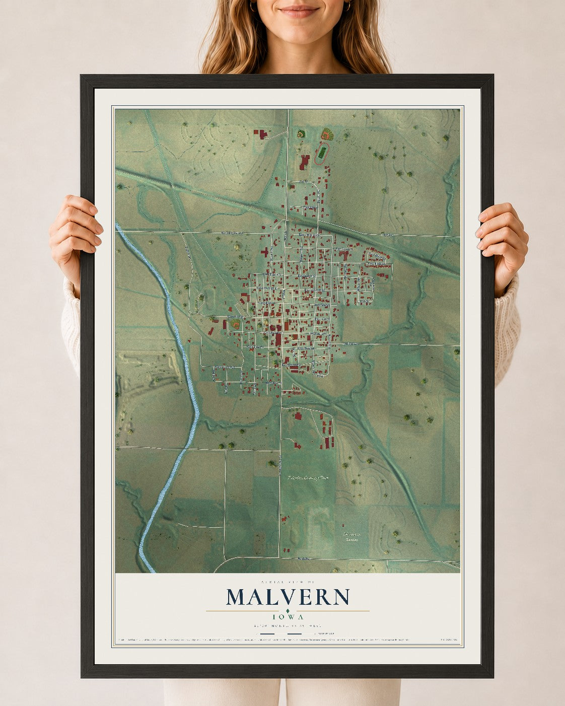 Map of Malvern, Iowa, 24 x 36 inch print in a black wood frame