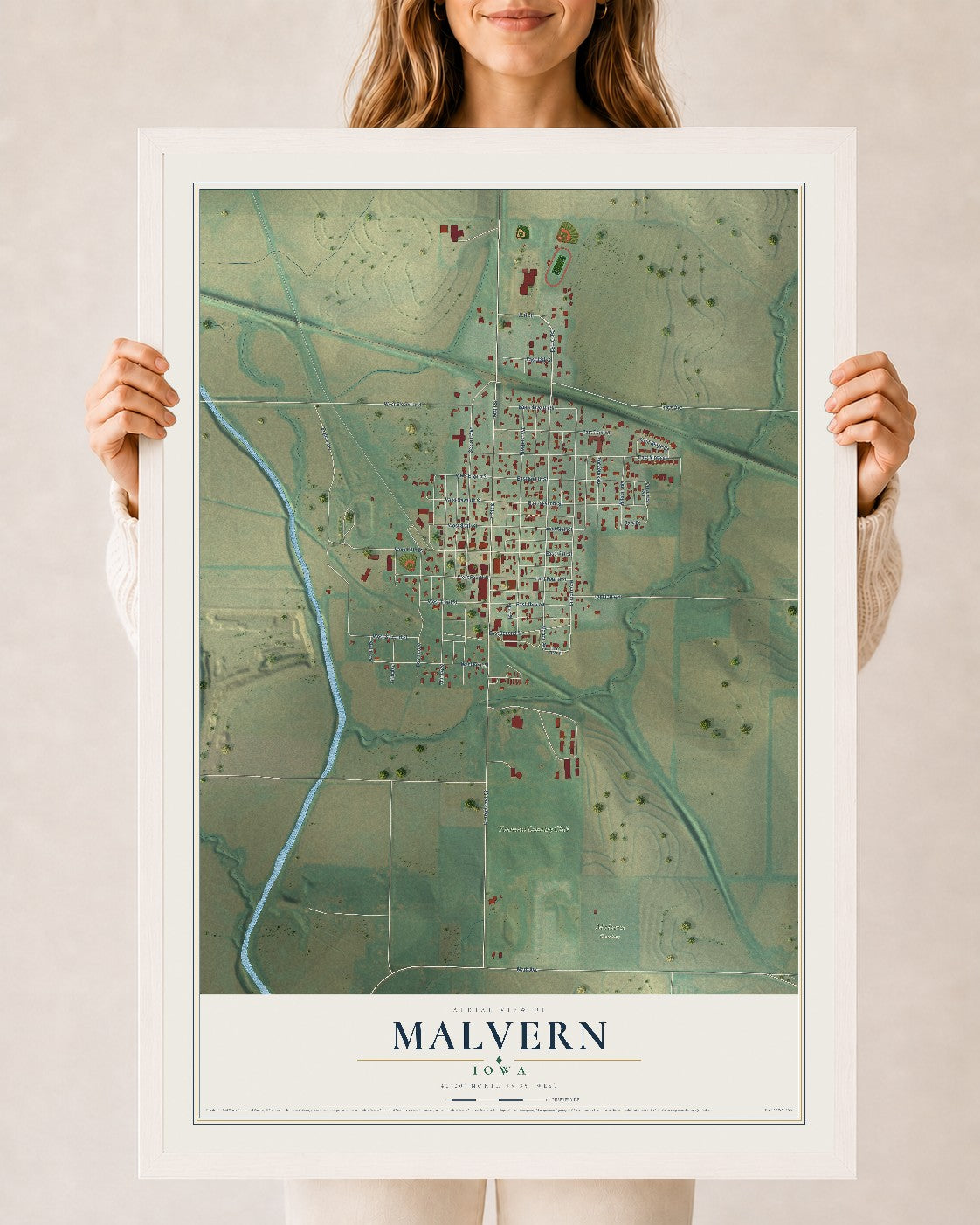 Map of Malvern, Iowa, 24 x 36 inch print in a white wood frame