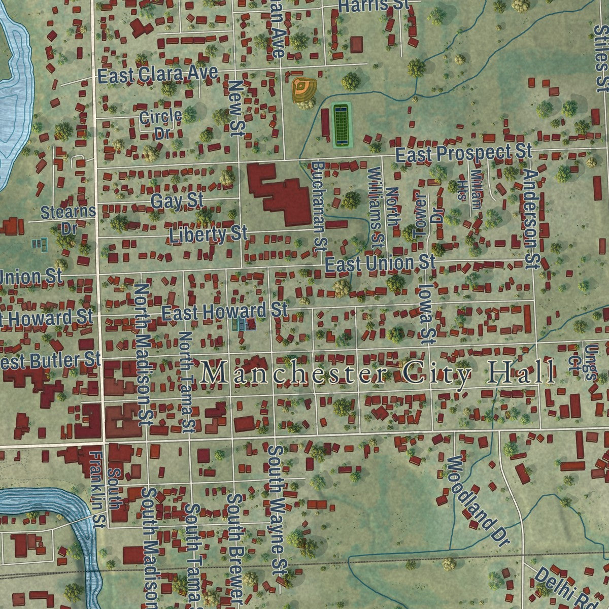 Close-up of the map of Manchester, Iowa print showing street and building detail