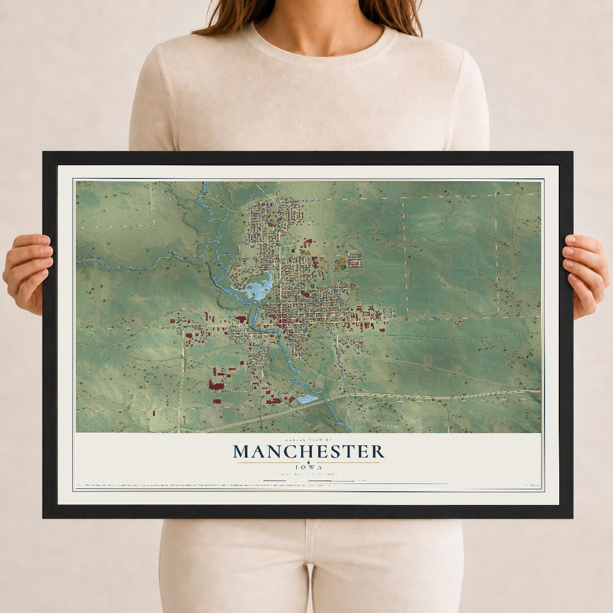Map of Manchester, Iowa, 12 x 18 inch print in a black wood frame