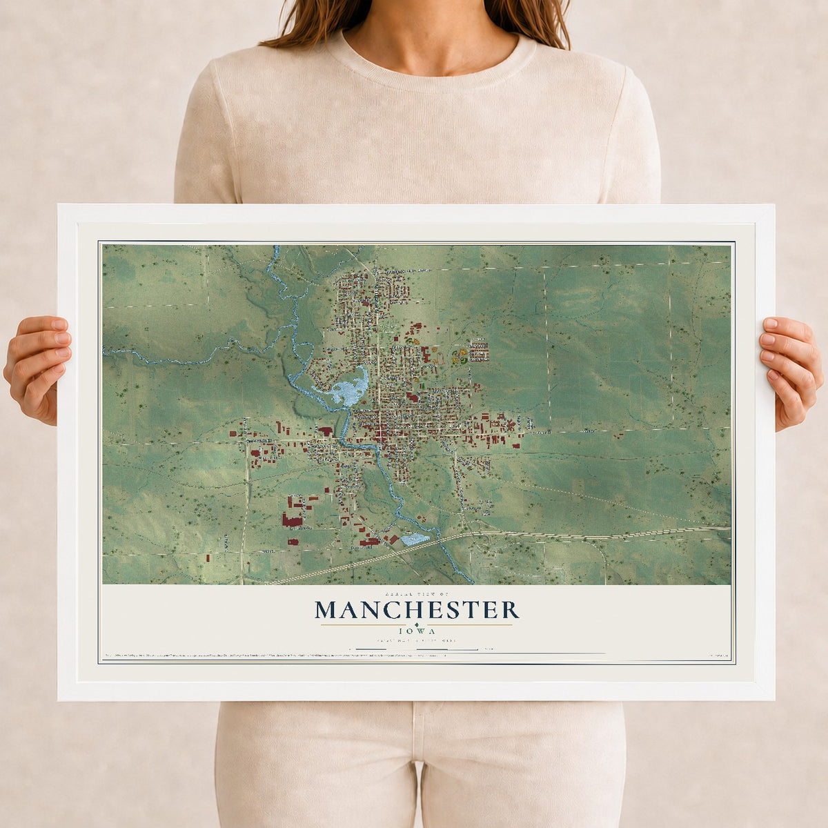 Map of Manchester, Iowa, 12 x 18 inch print in a white wood frame