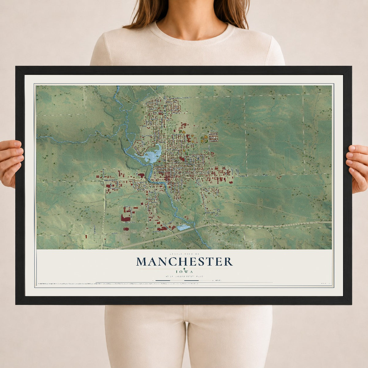 Map of Manchester, Iowa, 18 x 24 inch print in a black wood frame