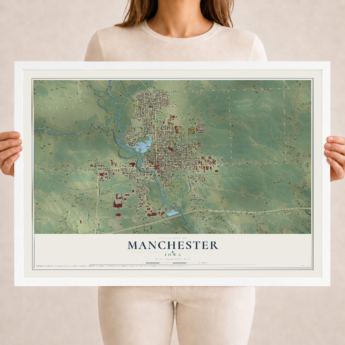 Map of Manchester, Iowa, 18 x 24 inch print in a white wood frame