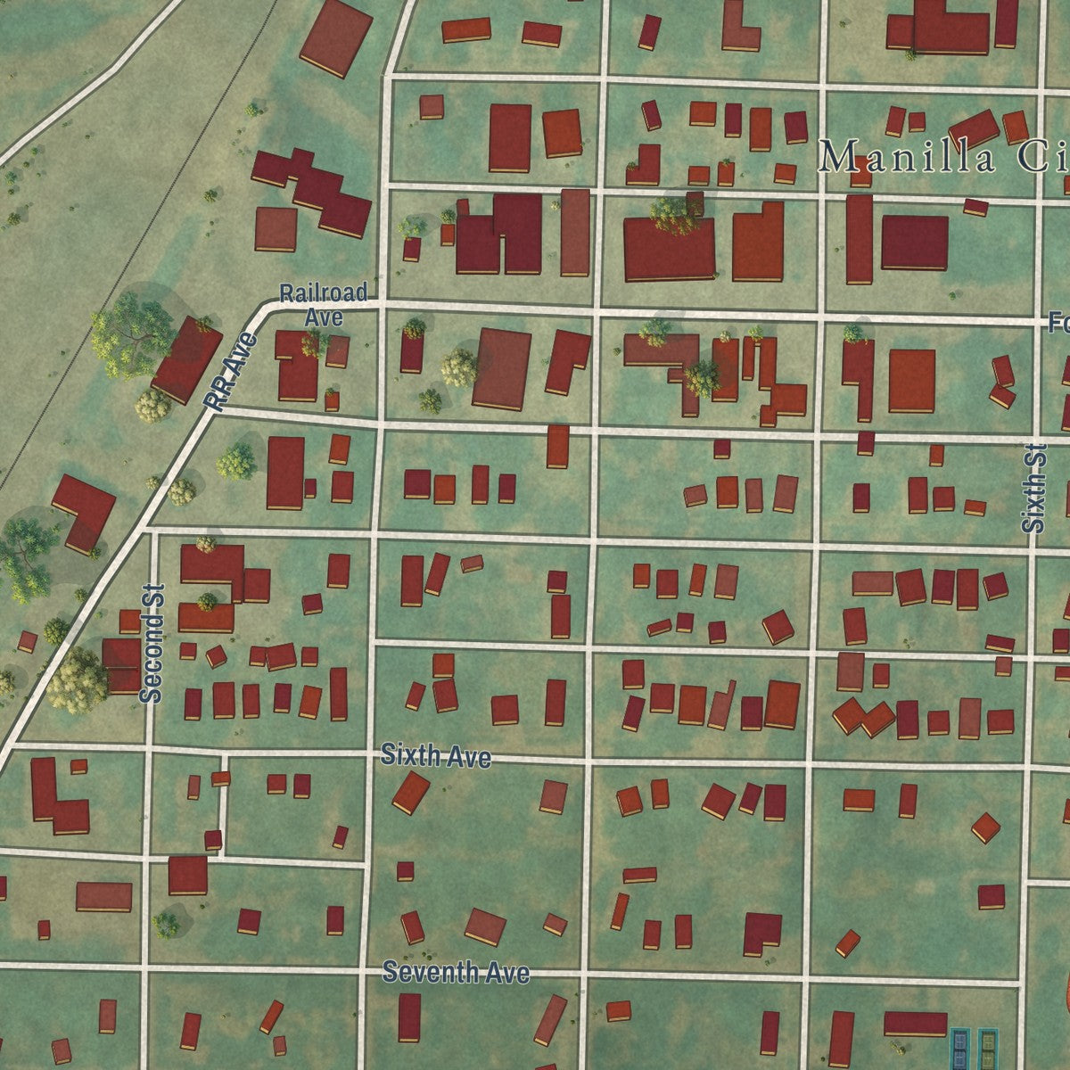 Close-up of the map of Manilla, Iowa print showing street and building detail