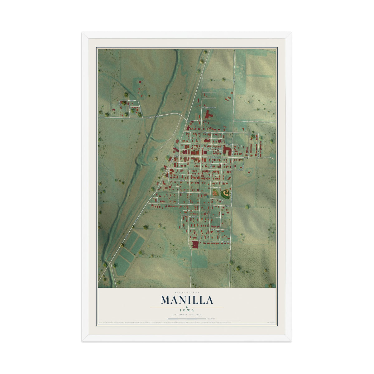 Map of Manilla, Iowa, 12 x 18 inch print in a white wood frame