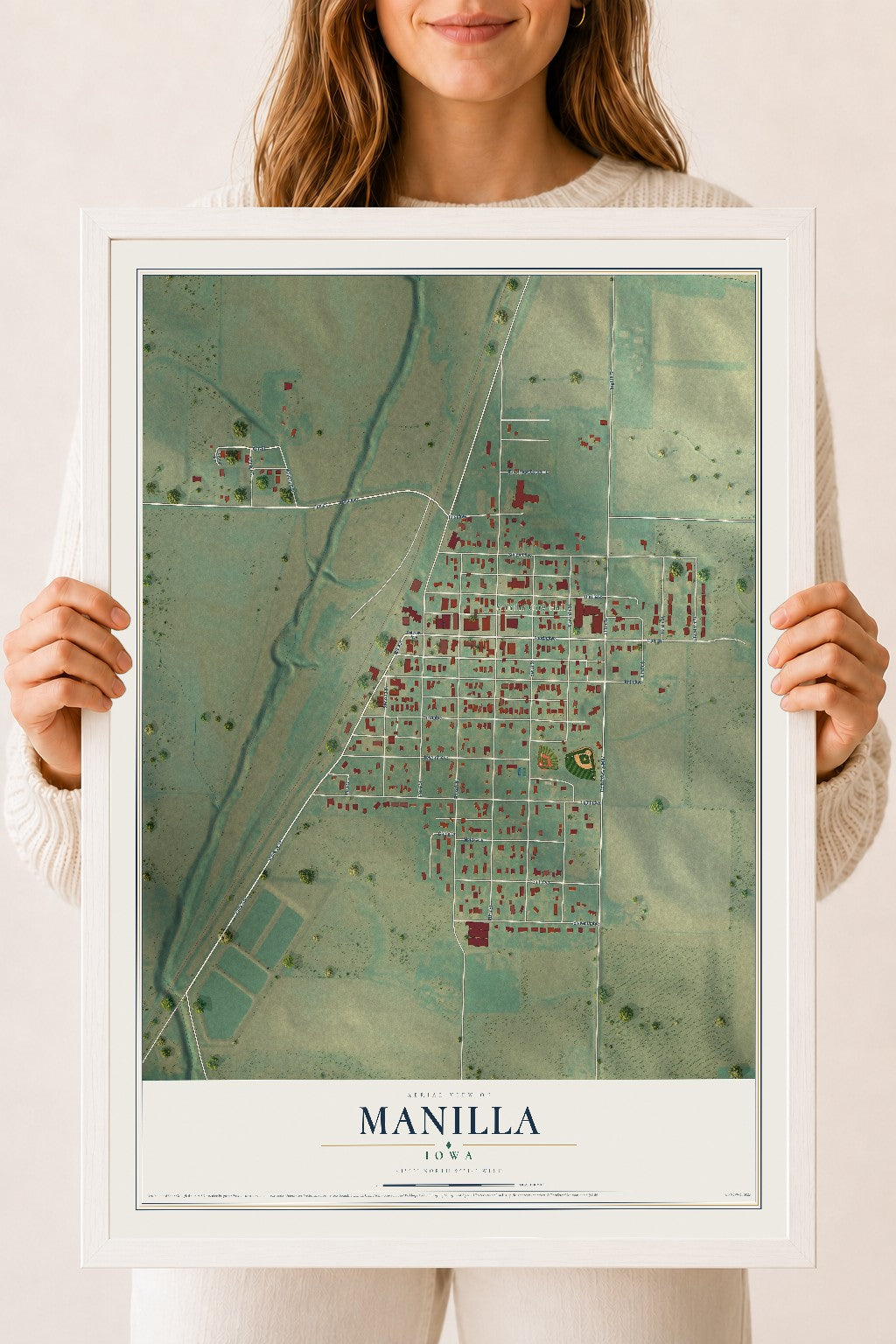 Map of Manilla, Iowa, 18 x 24 inch print in a white wood frame