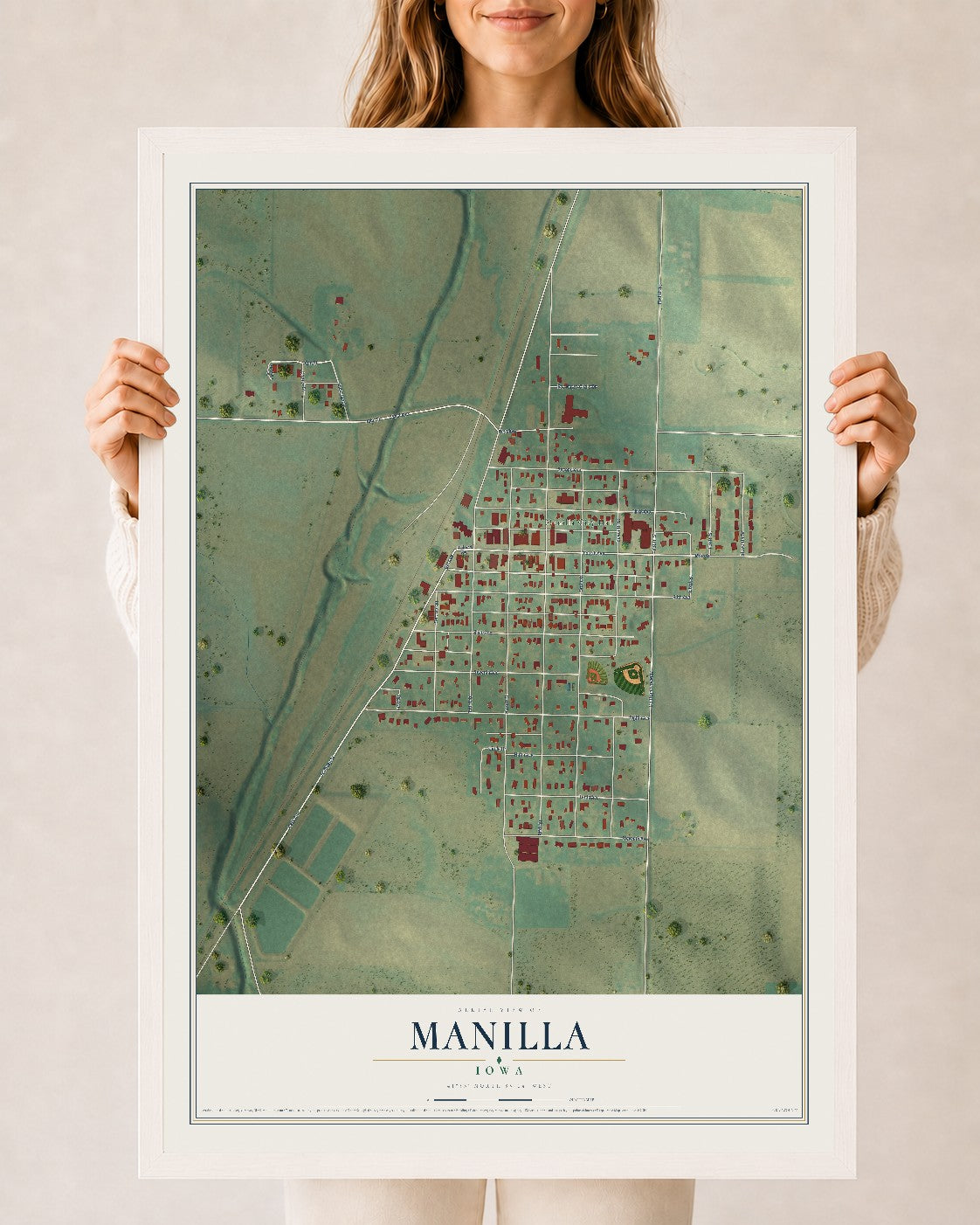 Map of Manilla, Iowa, 24 x 36 inch print in a white wood frame