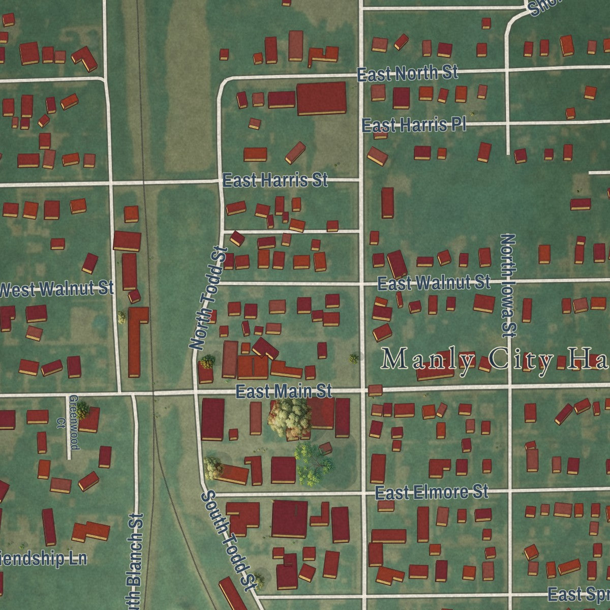 Close-up of the map of Manly, Iowa print showing street and building detail