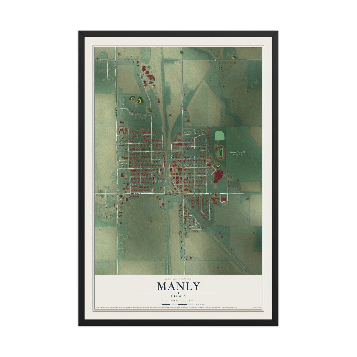 Map of Manly, Iowa, 12 x 18 inch print in a black wood frame