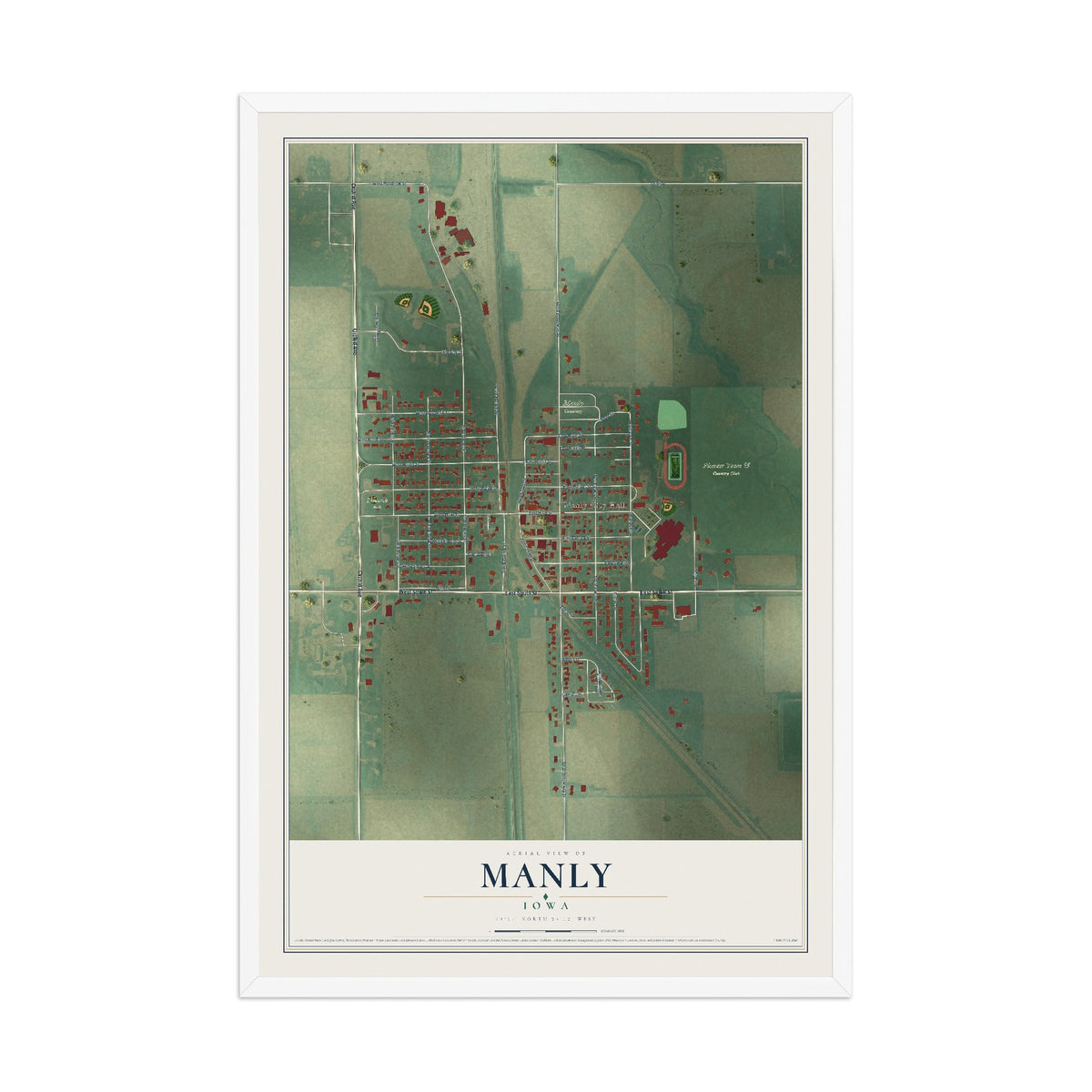 Map of Manly, Iowa, 12 x 18 inch print in a white wood frame