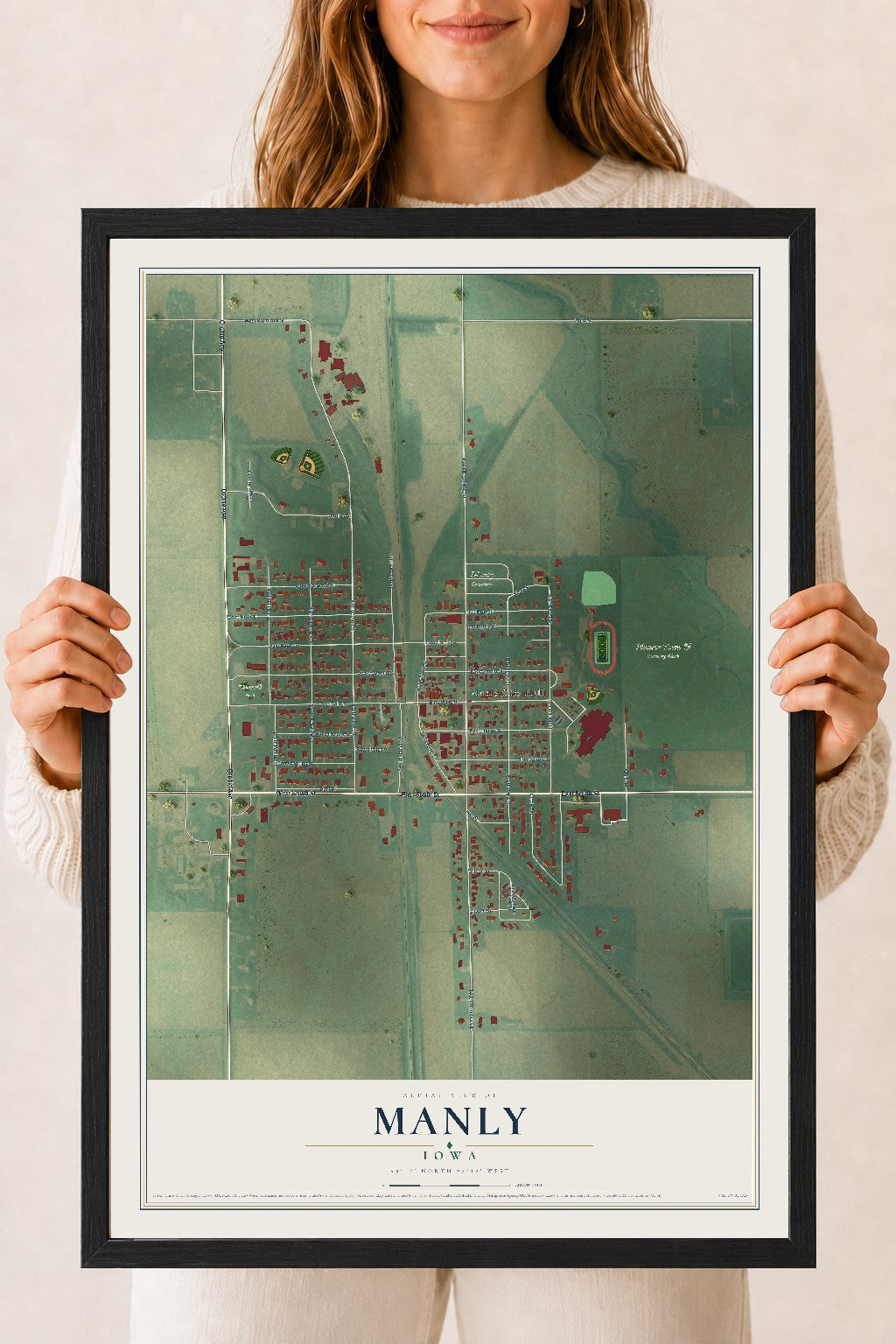 Map of Manly, Iowa, 18 x 24 inch print in a black wood frame