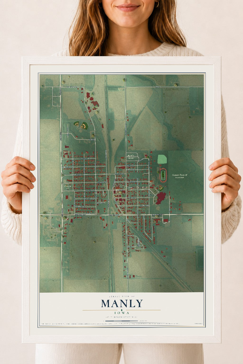 Map of Manly, Iowa, 18 x 24 inch print in a white wood frame
