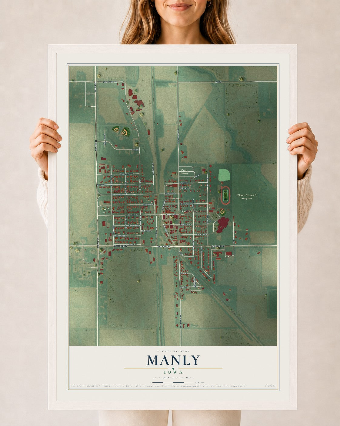 Map of Manly, Iowa, 24 x 36 inch print in a white wood frame