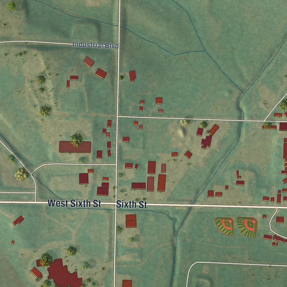 Second close-up of the map of Manning, Iowa print showing more streets and buildings