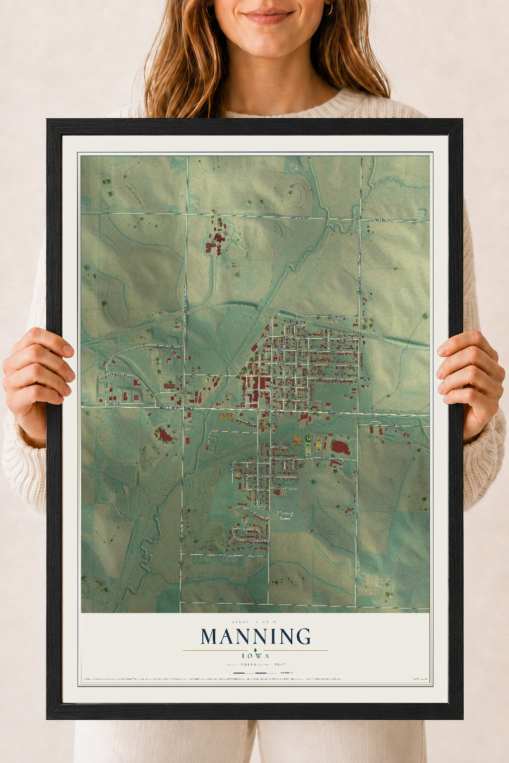 Map of Manning, Iowa, 18 x 24 inch print in a black wood frame