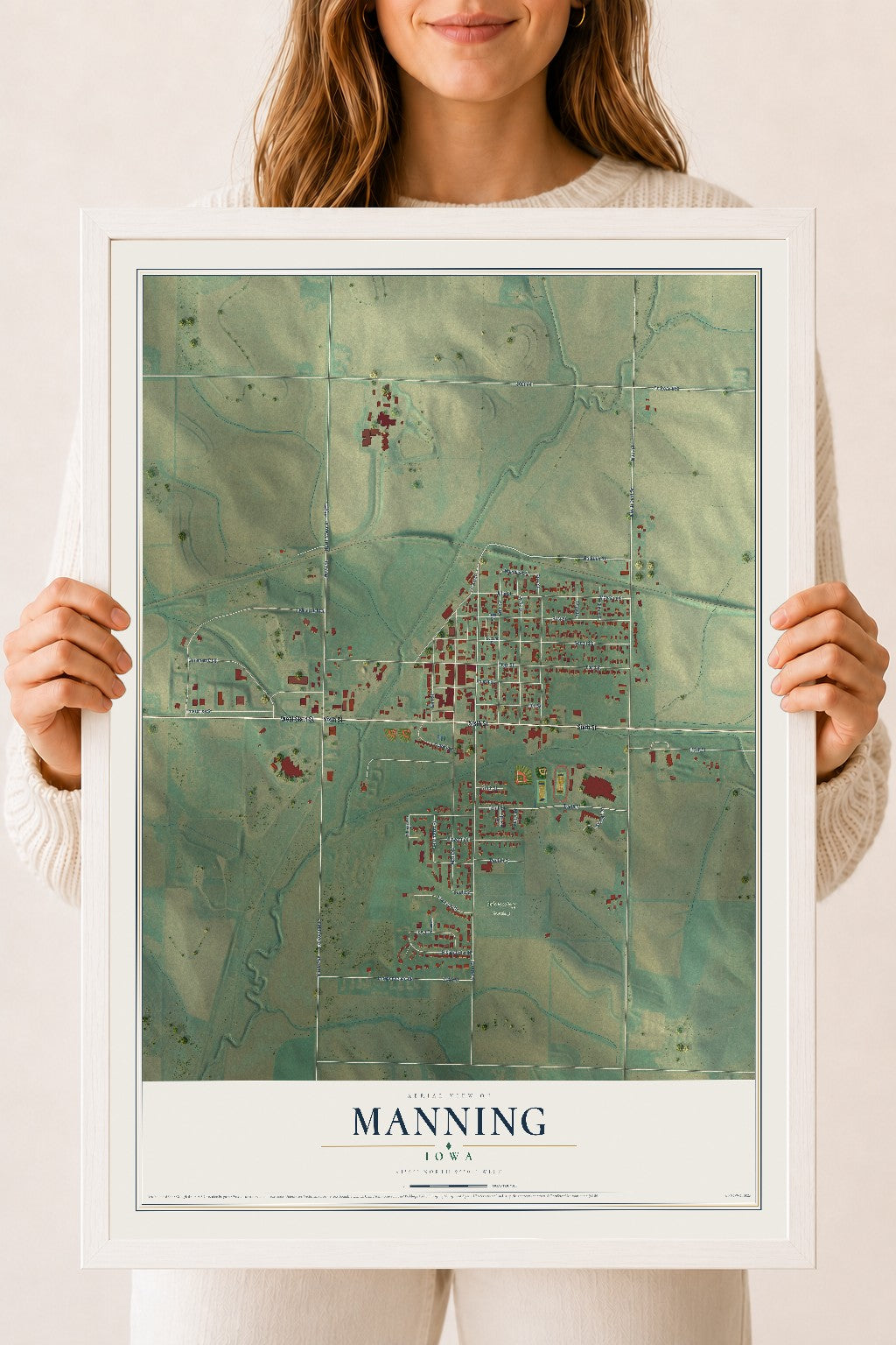 Map of Manning, Iowa, 18 x 24 inch print in a white wood frame