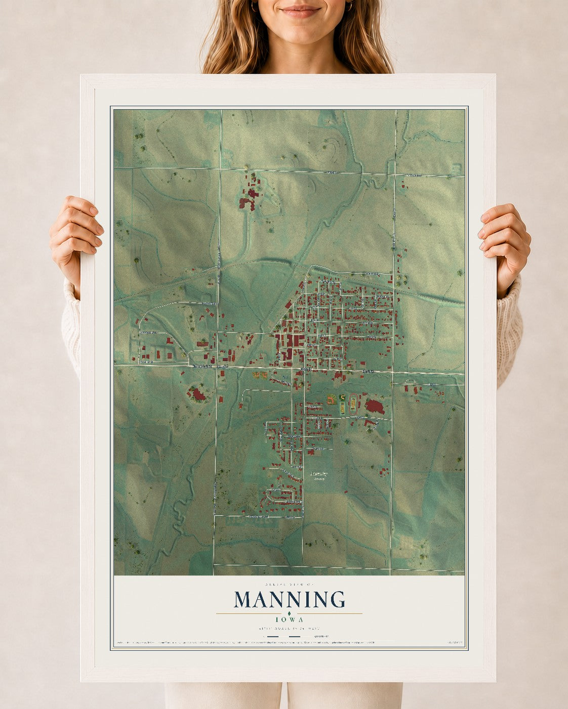 Map of Manning, Iowa, 24 x 36 inch print in a white wood frame