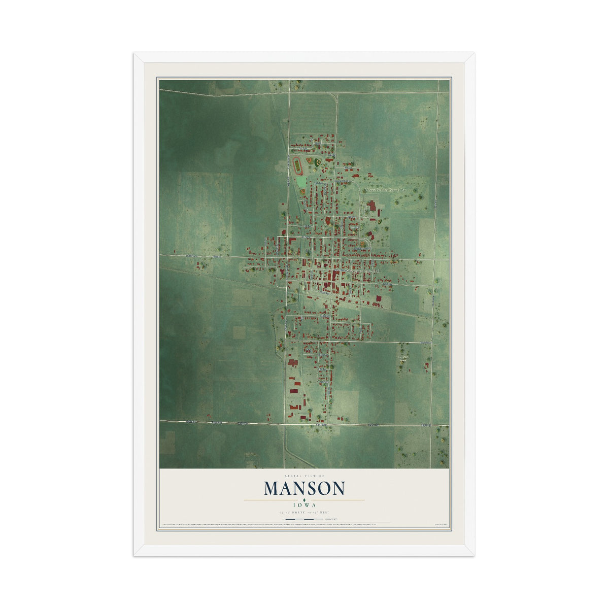 Map of Manson, Iowa, 12 x 18 inch print in a white wood frame