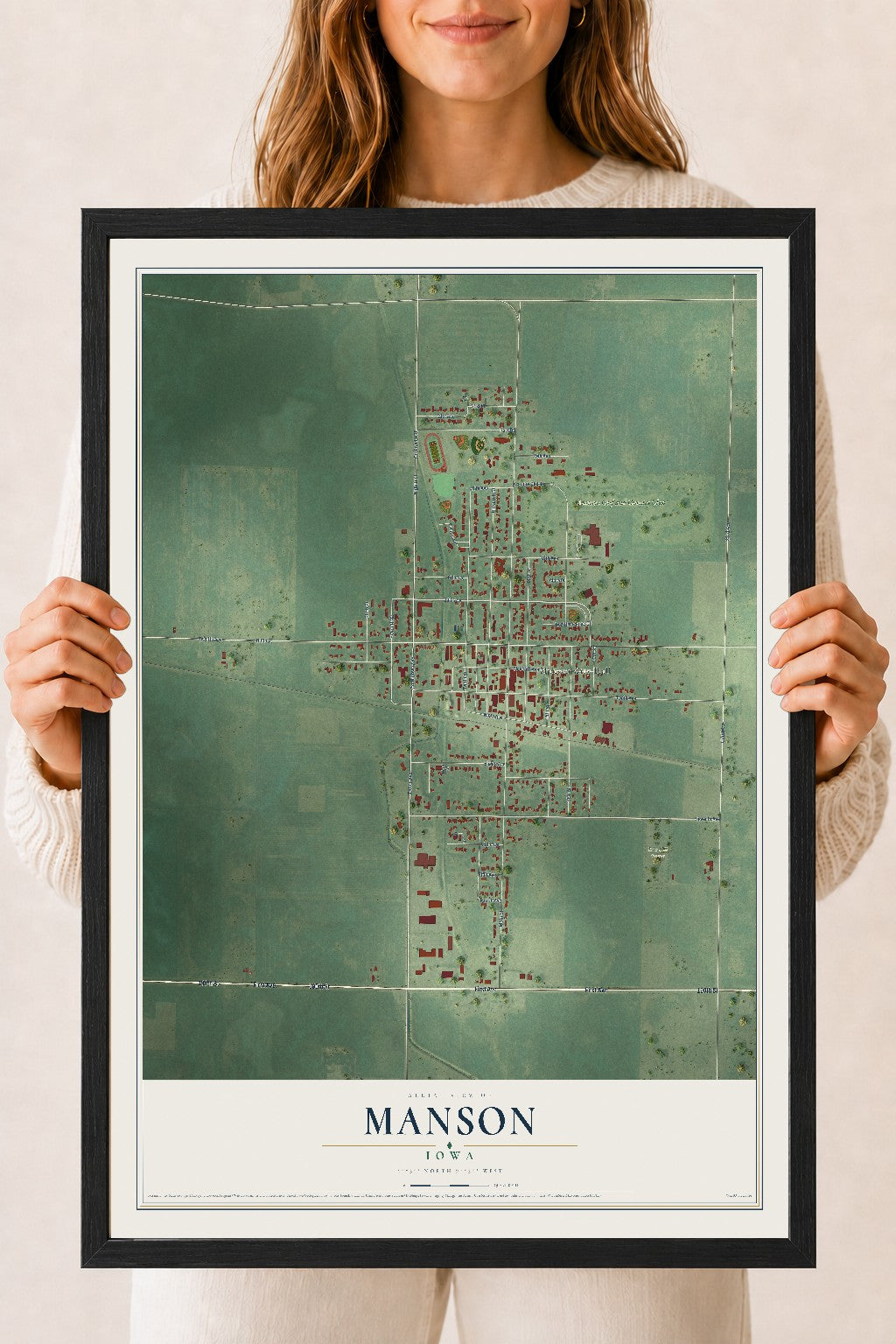 Map of Manson, Iowa, 18 x 24 inch print in a black wood frame