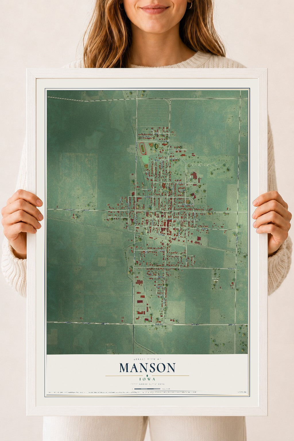 Map of Manson, Iowa, 18 x 24 inch print in a white wood frame