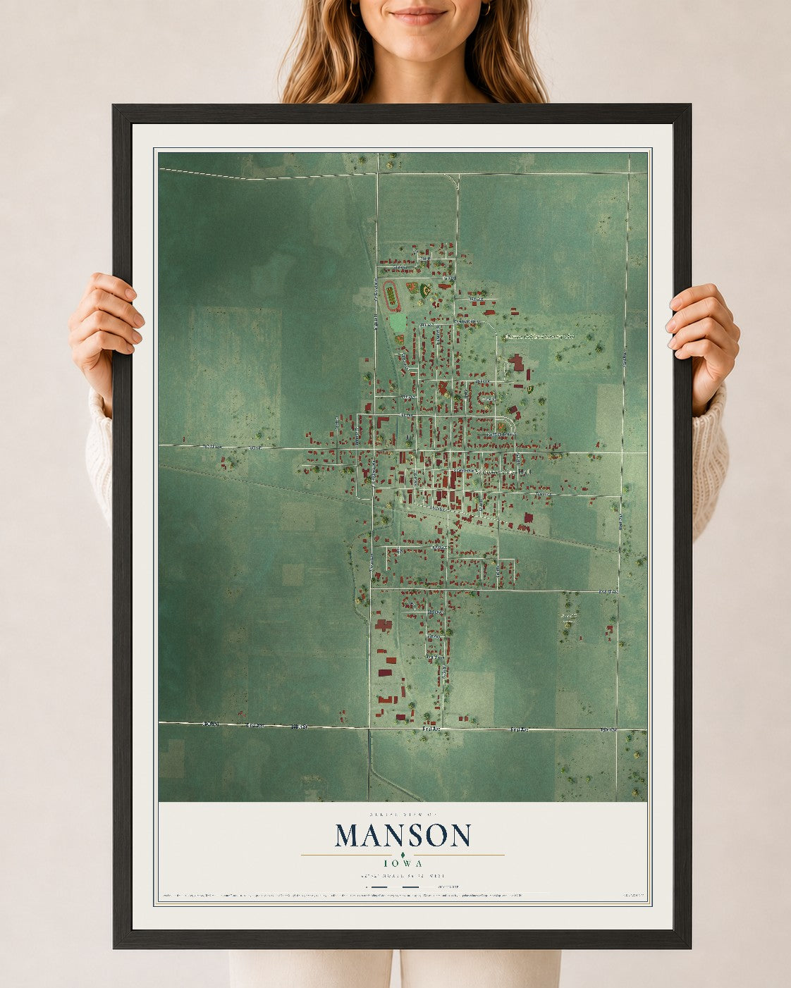 Map of Manson, Iowa, 24 x 36 inch print in a black wood frame