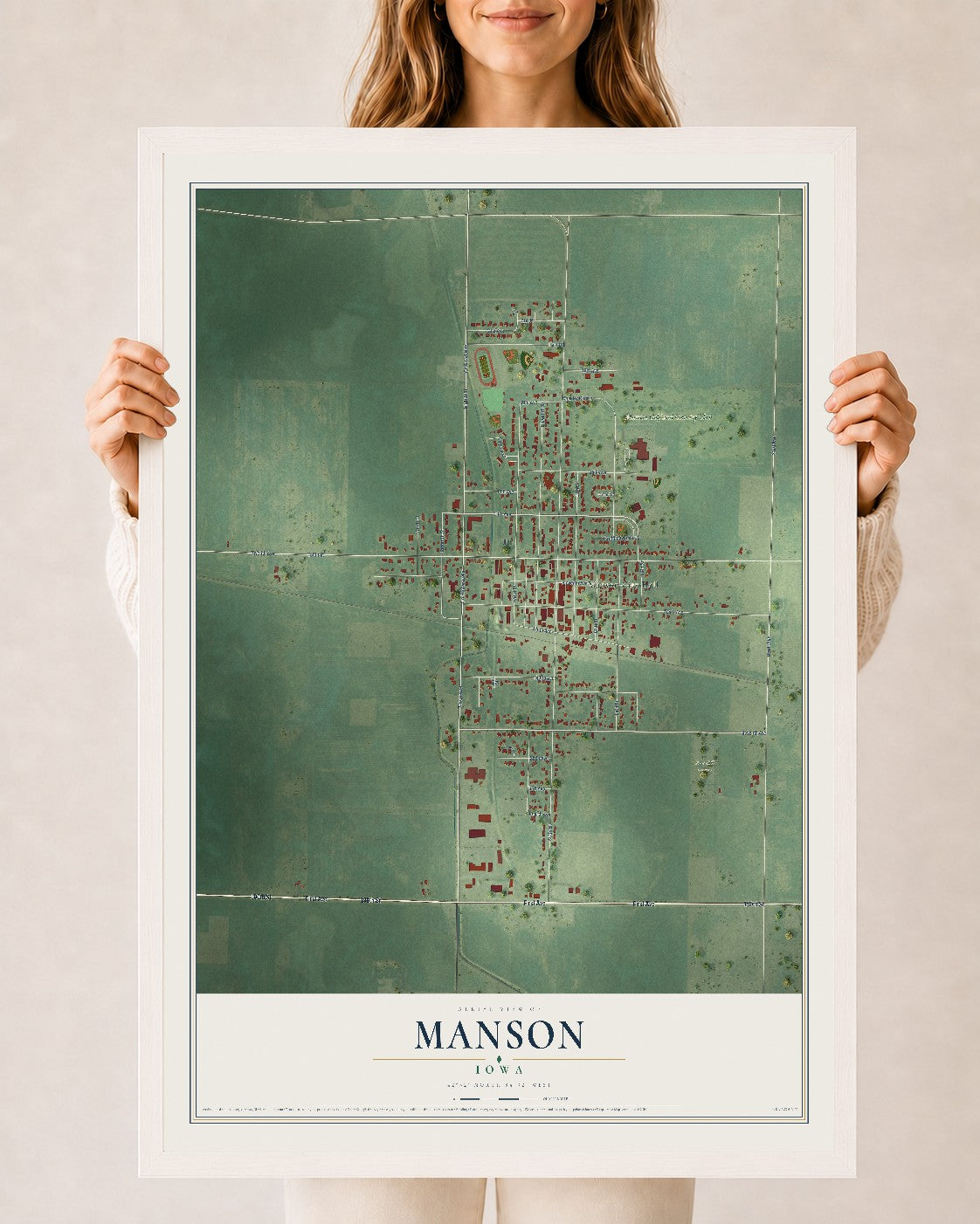 Map of Manson, Iowa, 24 x 36 inch print in a white wood frame