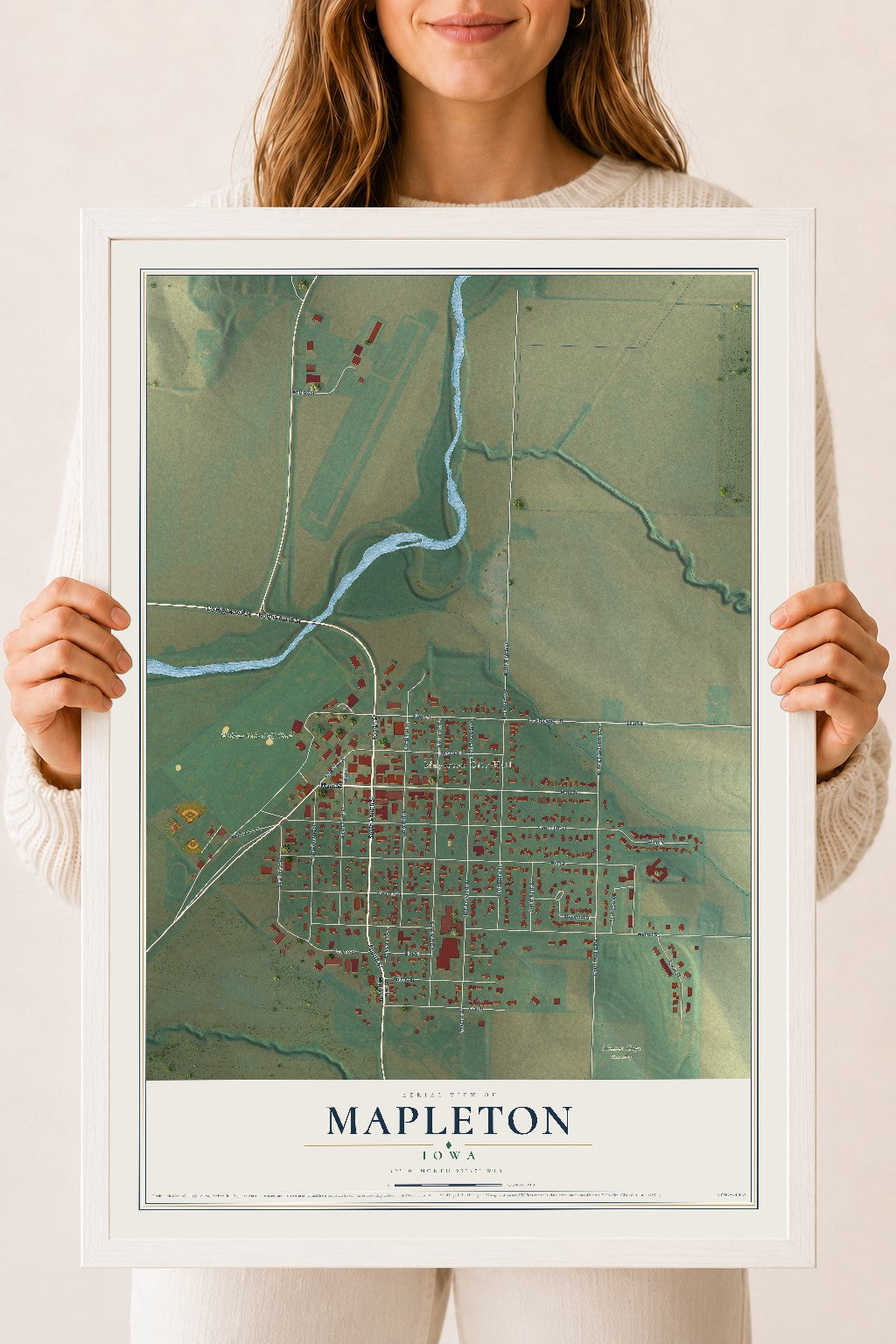 Map of Mapleton, Iowa, 18 x 24 inch print in a white wood frame