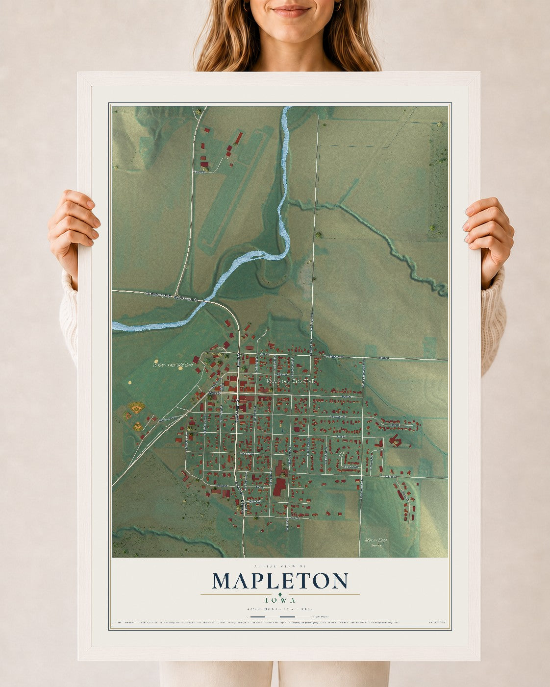 Map of Mapleton, Iowa, 24 x 36 inch print in a white wood frame