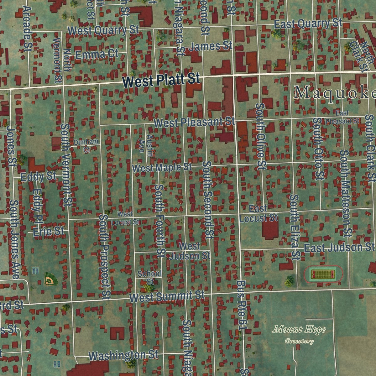 Close-up of the map of Maquoketa, Iowa print showing street and building detail