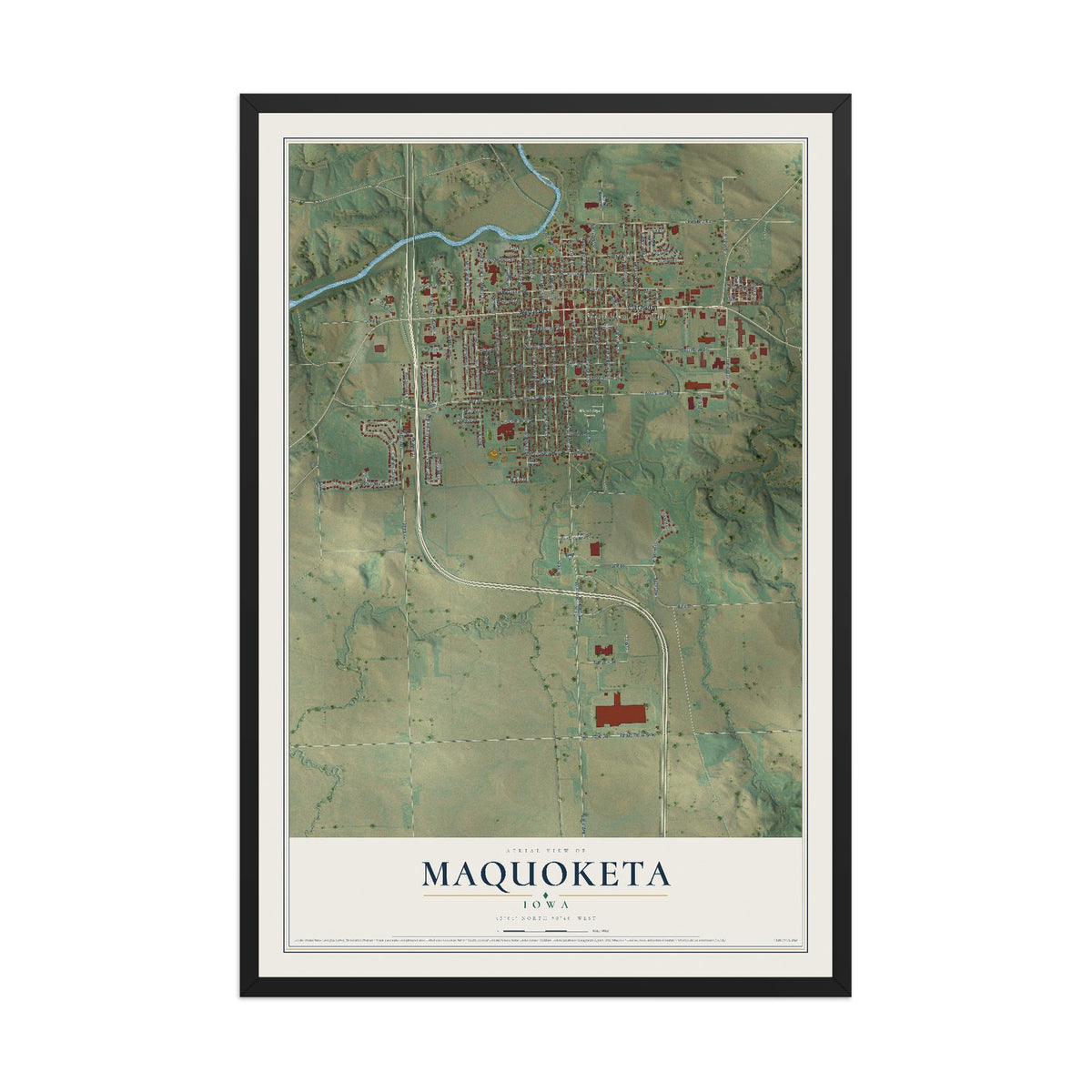 Map of Maquoketa, Iowa, 12 x 18 inch print in a black wood frame