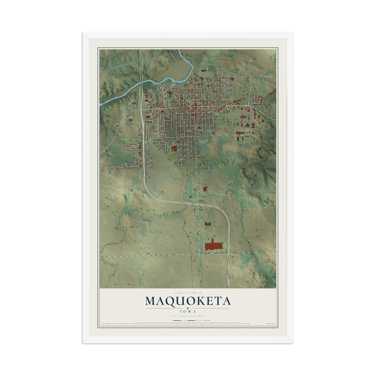 Map of Maquoketa, Iowa, 12 x 18 inch print in a white wood frame