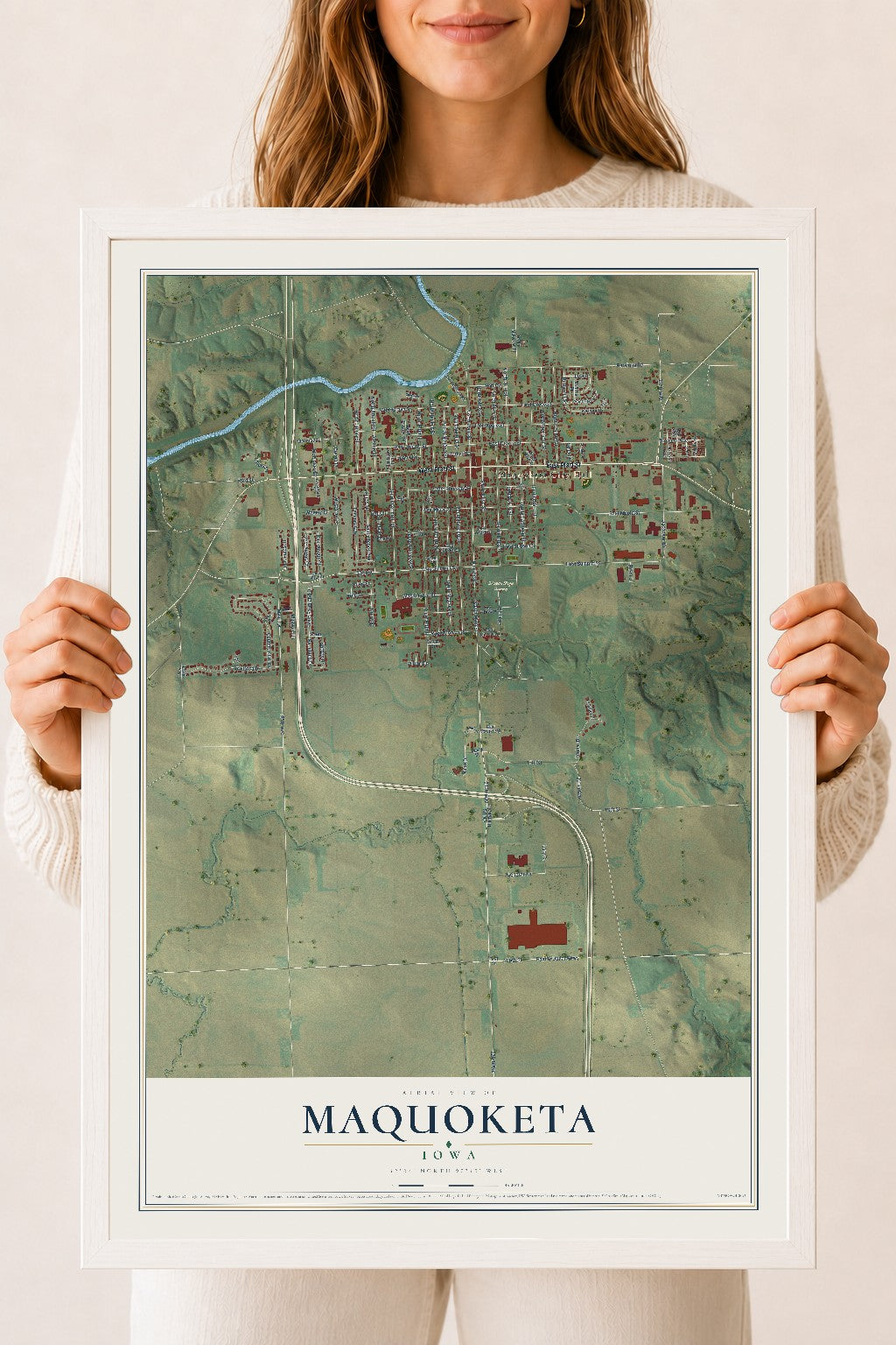 Map of Maquoketa, Iowa, 18 x 24 inch print in a white wood frame