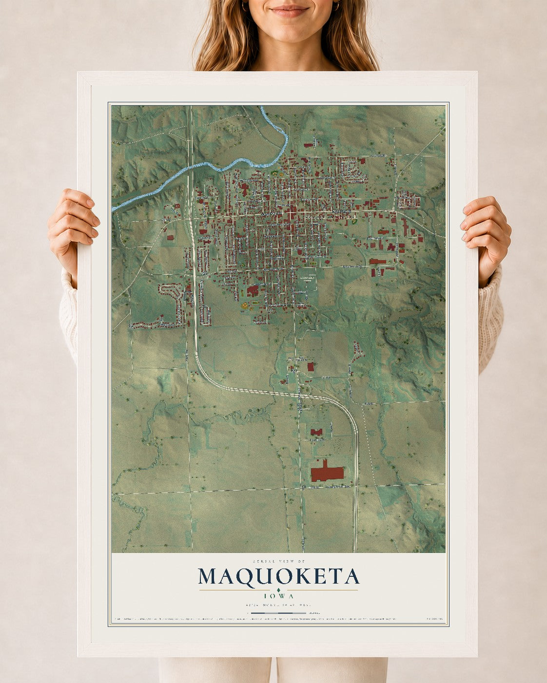 Map of Maquoketa, Iowa, 24 x 36 inch print in a white wood frame