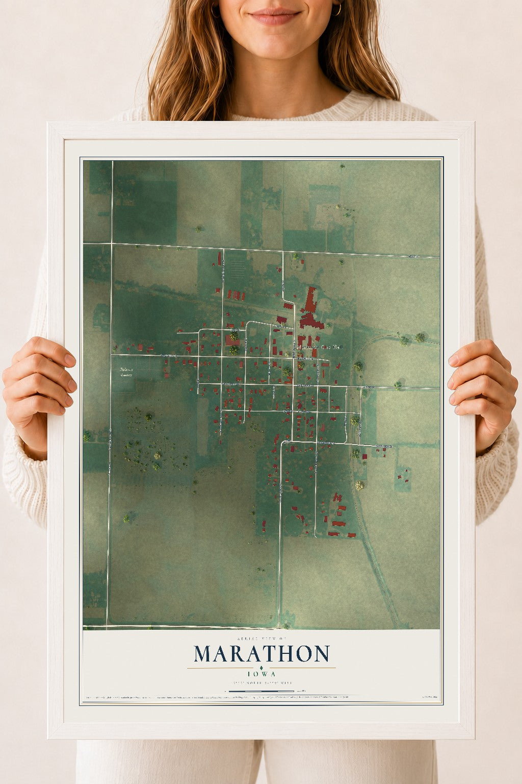 Map of Marathon, Iowa, 18 x 24 inch print in a white wood frame