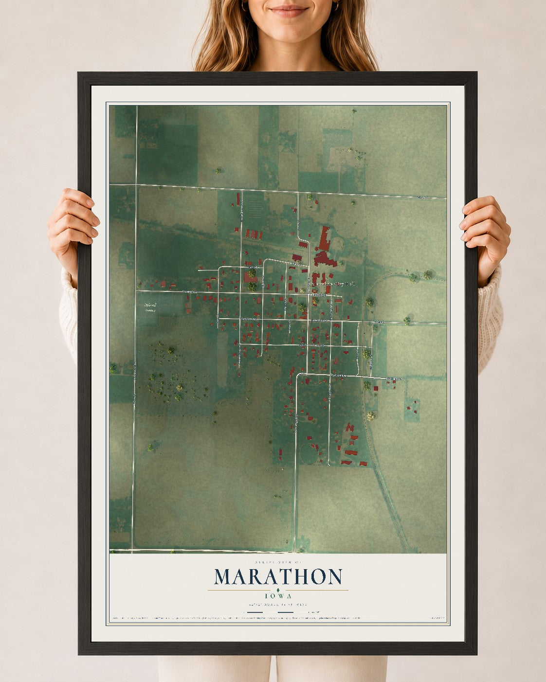 Map of Marathon, Iowa, 24 x 36 inch print in a black wood frame