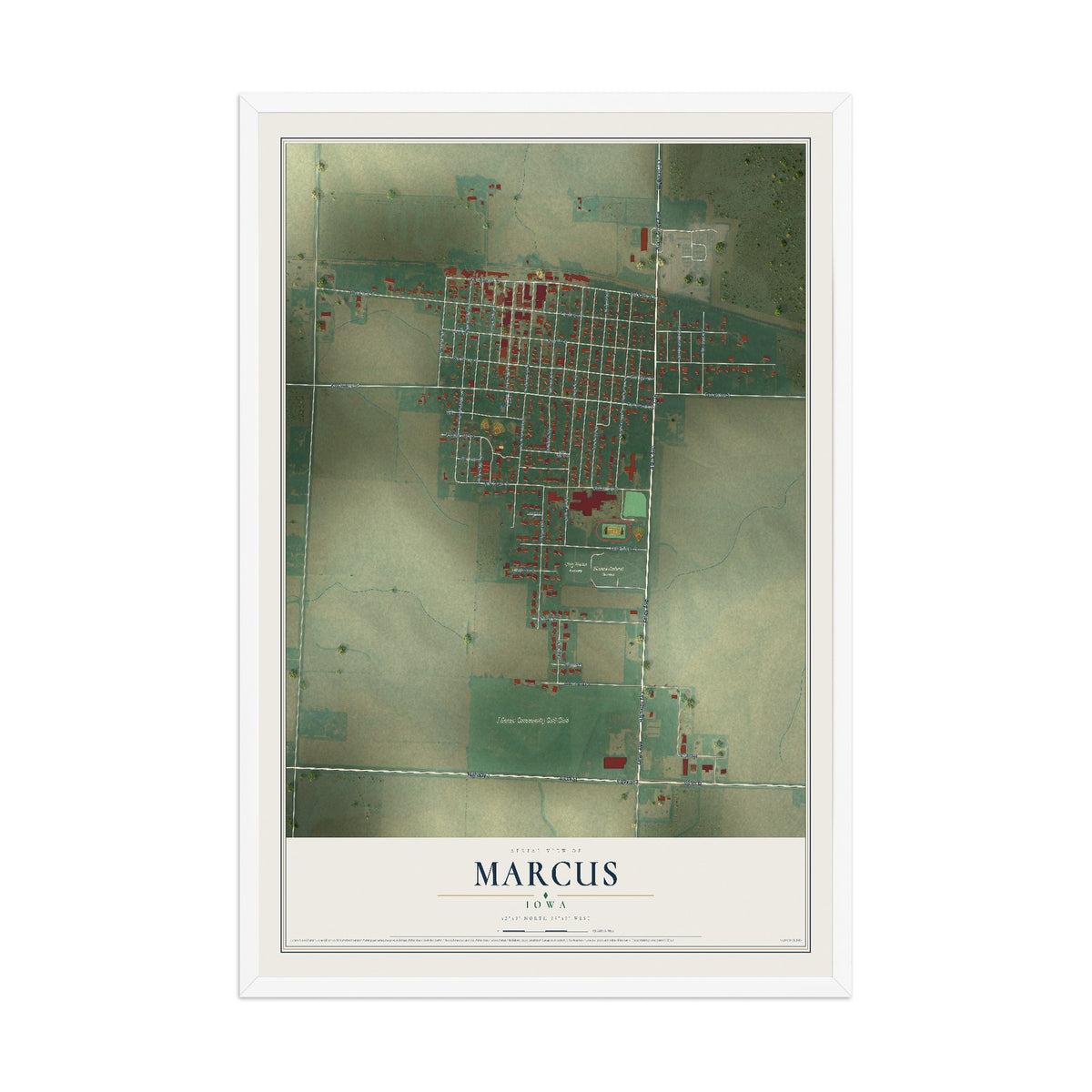 Map of Marcus, Iowa, 12 x 18 inch print in a white wood frame